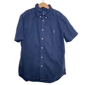 Ralph Lauren Boys Cotton Button Down Short Sleeve Shirt Navy Pony  Size L 14/16